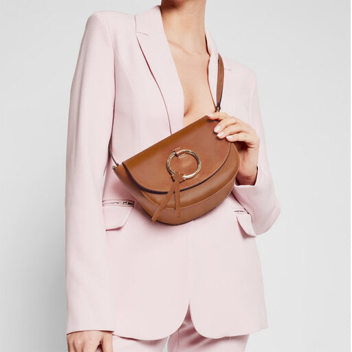 Leather Shoulder Bag with Double Pocket - Nude