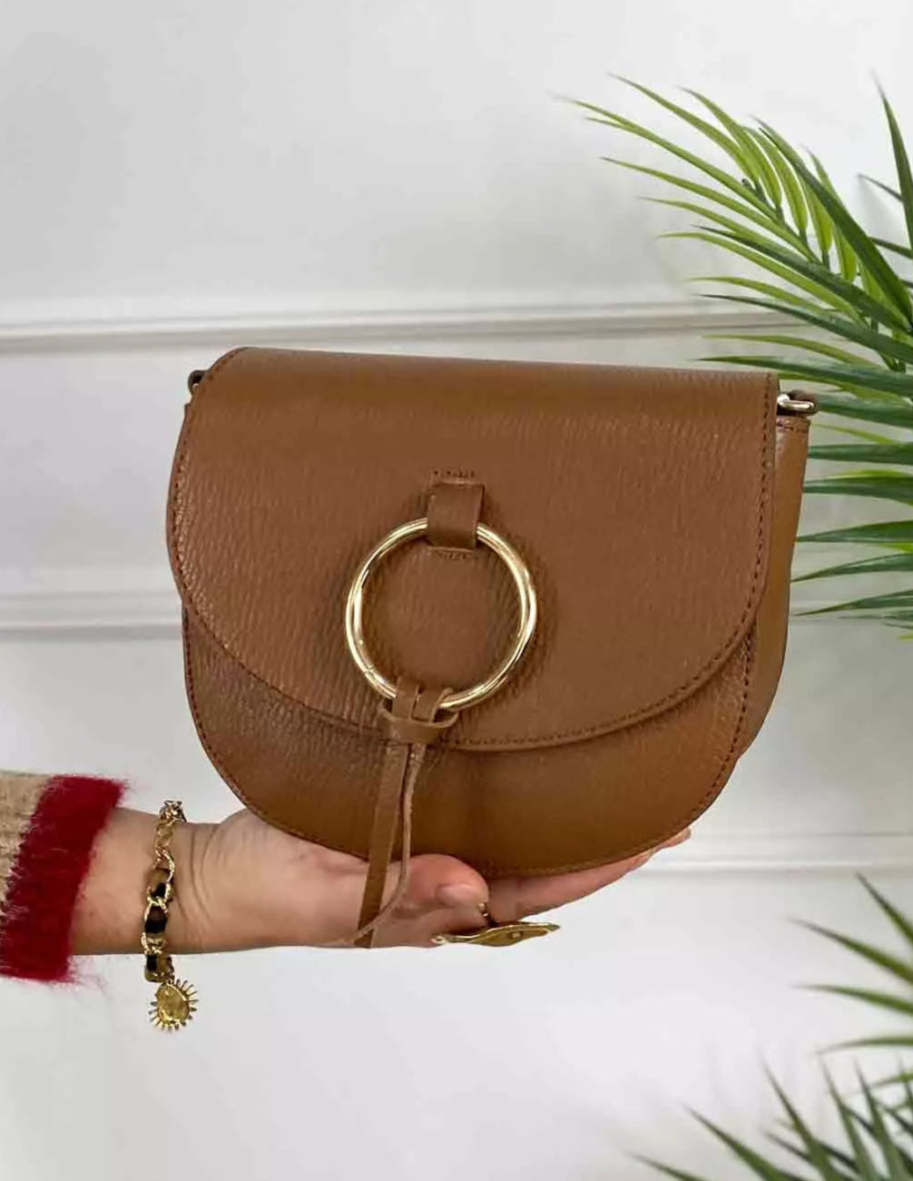 Leather Shoulder Bag with Double Pocket - Nude